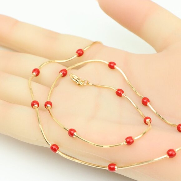 "Delicate Yellow Gold Plated Necklace with Red Beads, XPNL0302 - Picture 4 of 12